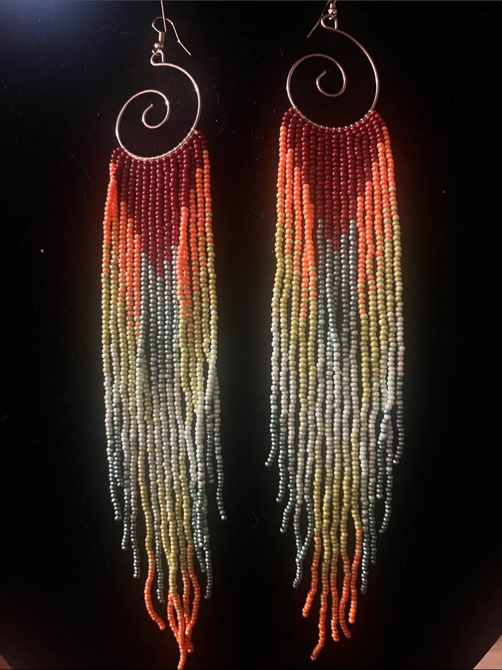 Gradient Seed-Bead Fringe Earrings in Red, Orange, Yellow and Green and Blue
